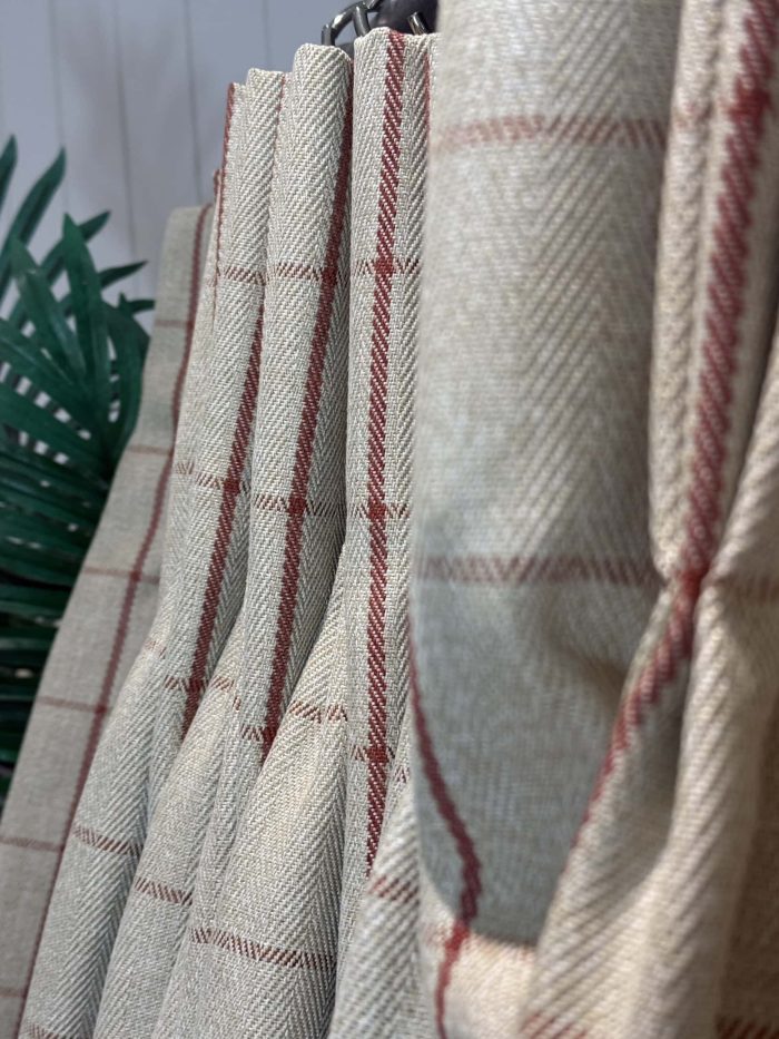 Ivory Herringbone/tweed curtains with a red check design - Image 5