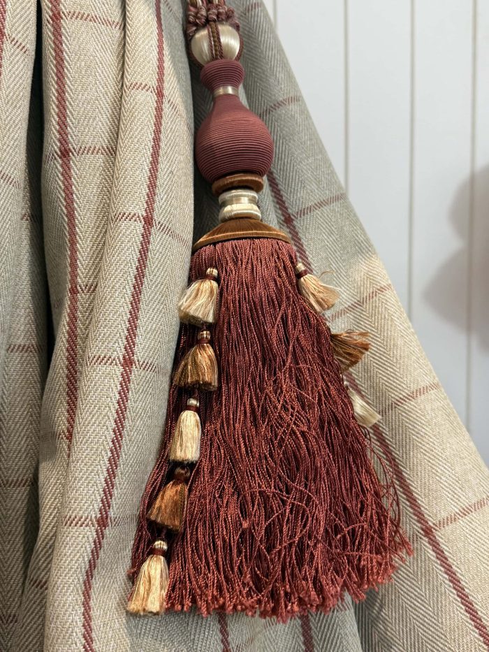 Ivory Herringbone/tweed curtains with a red check design - Image 7